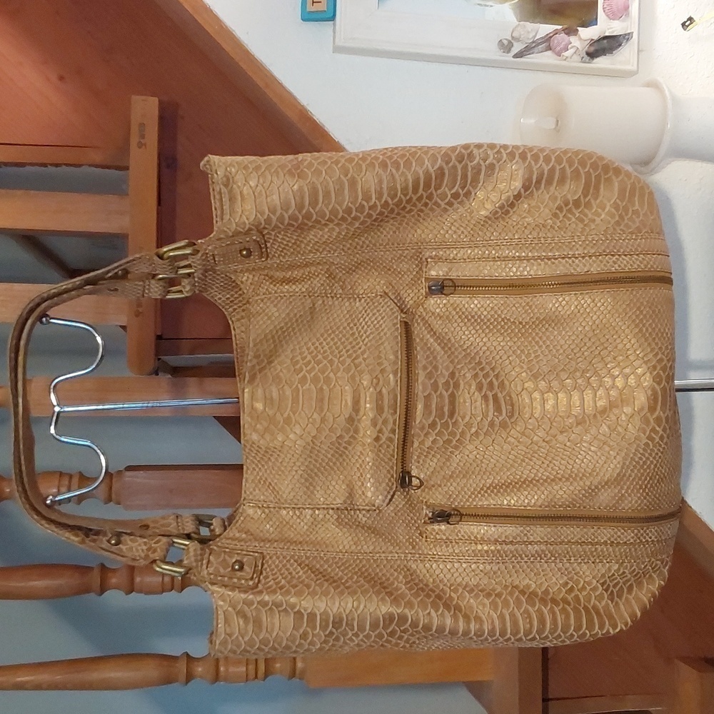 Botkier Vintage Tan Bronze Shimmery Lambskin Snake Print Shoulder Bag Purse